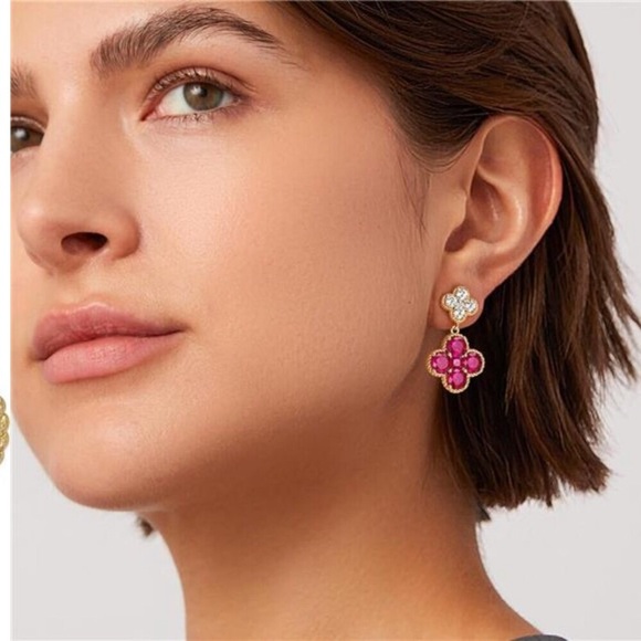 14K Gold Plated Ruby July Birthstone Earrings • Four-Leaf Clover Studs - Picture 2 of 3